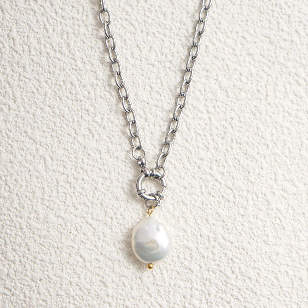 Natural Pearl Necklace for Women Stainless Steel Sailor Clasp Choker Gold/Silver Color Metal Rolo Chian Femme Stone Collier