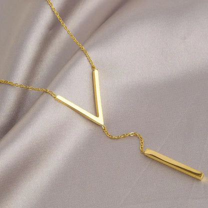 Gold-Color Steel Long Bar Tassel Paragraph Collarbone Minimalist Shaped Holiday Necklace Female Party V Necklace F1X3