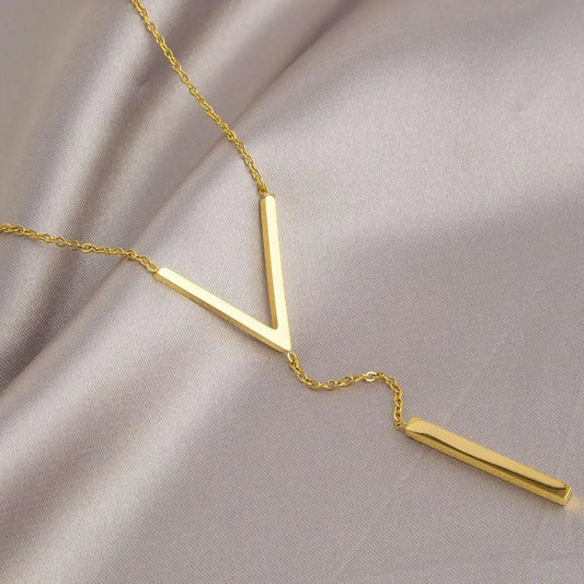 Gold-Color Steel Long Bar Tassel Paragraph Collarbone Minimalist Shaped Holiday Necklace Female Party V Necklace F1X3