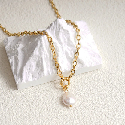 Natural Pearl Necklace for Women Stainless Steel Sailor Clasp Choker Gold/Silver Color Metal Rolo Chian Femme Stone Collier