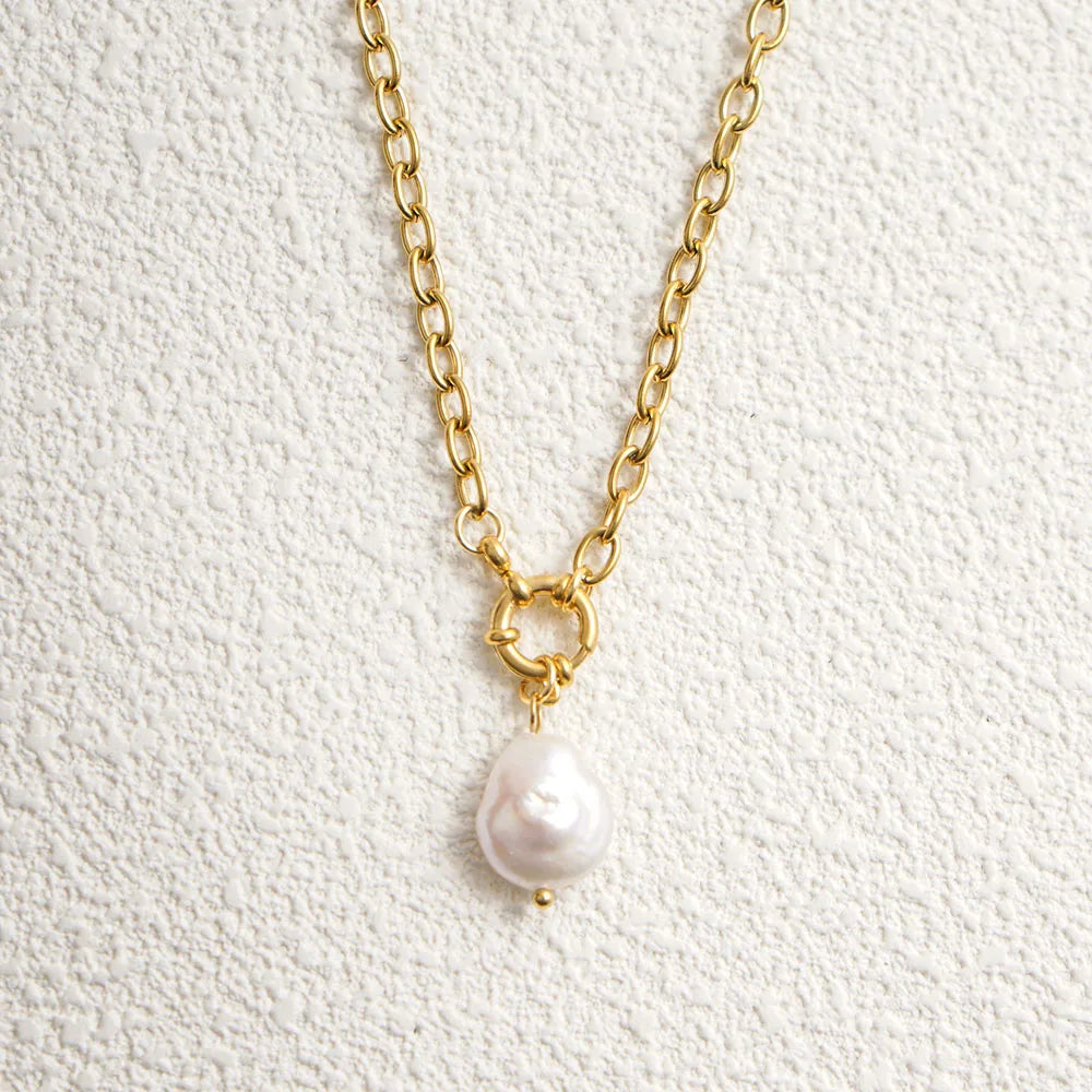 Natural Pearl Necklace for Women Stainless Steel Sailor Clasp Choker Gold/Silver Color Metal Rolo Chian Femme Stone Collier
